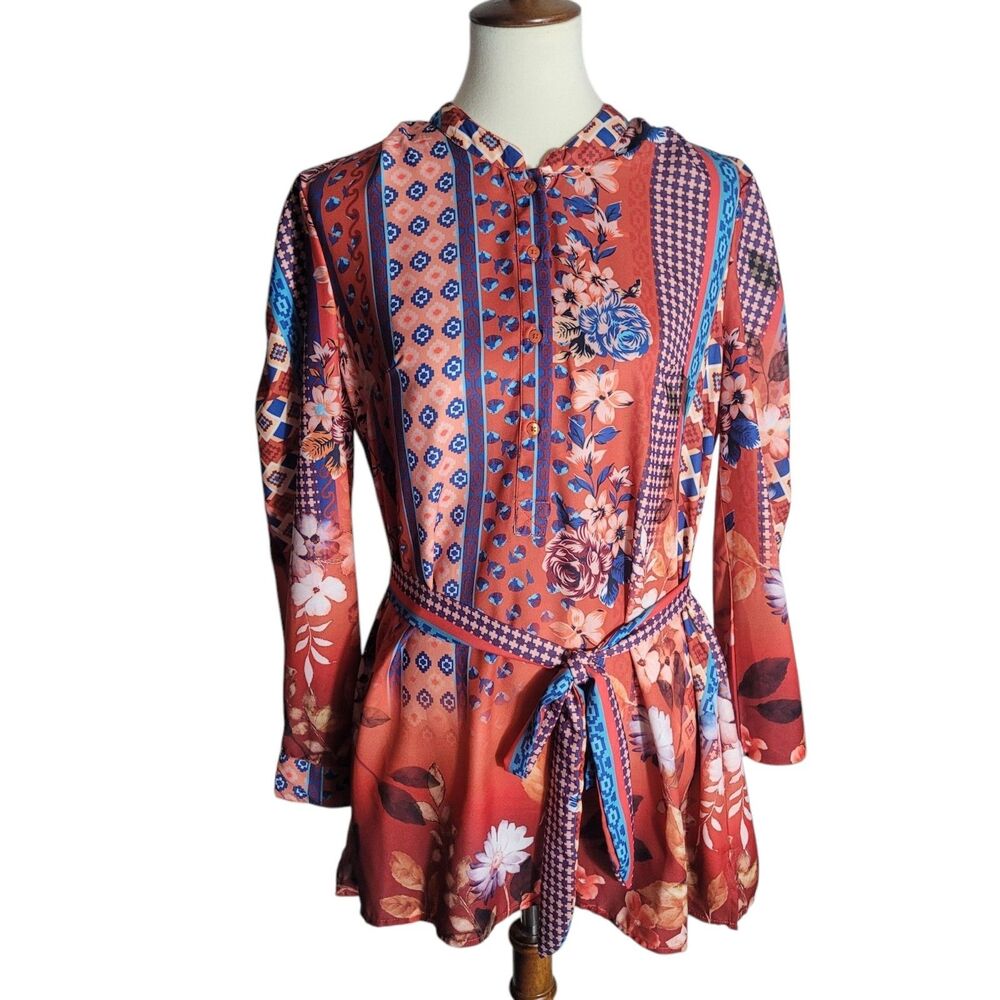 Tolani Collection Long Sleeve Tie Waist Tunic Blouse Womens XS Floral Boho Artsy
